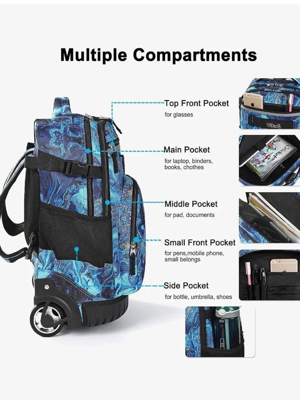 Kids Rolling Backpack Trolley in Blue Marble by